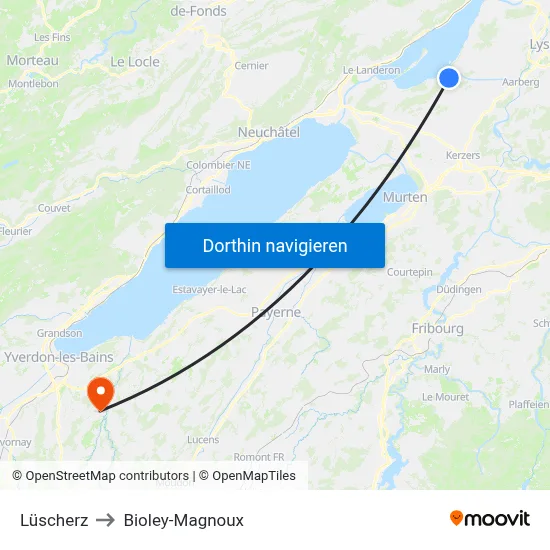 Lüscherz to Bioley-Magnoux map