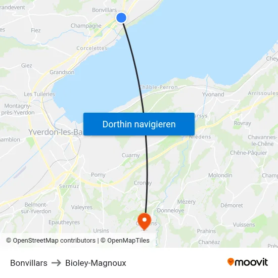 Bonvillars to Bioley-Magnoux map