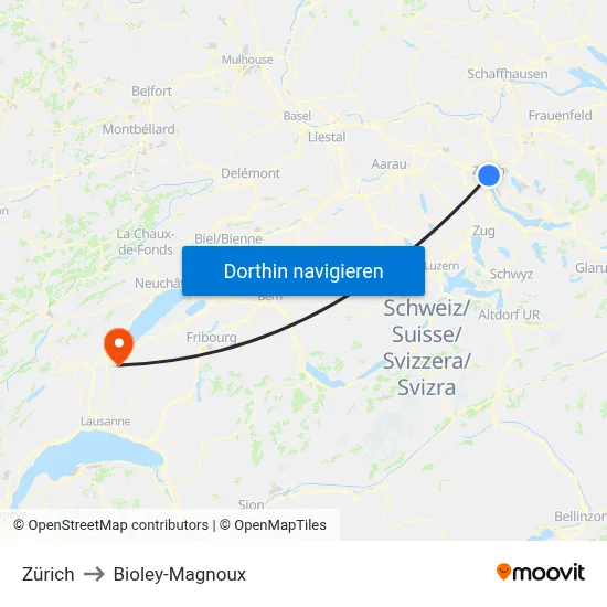 Zürich to Bioley-Magnoux map