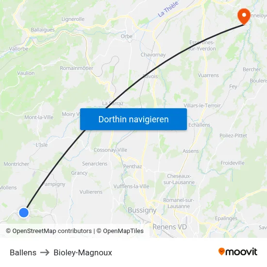 Ballens to Bioley-Magnoux map