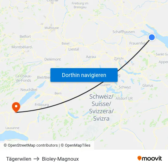 Tägerwilen to Bioley-Magnoux map