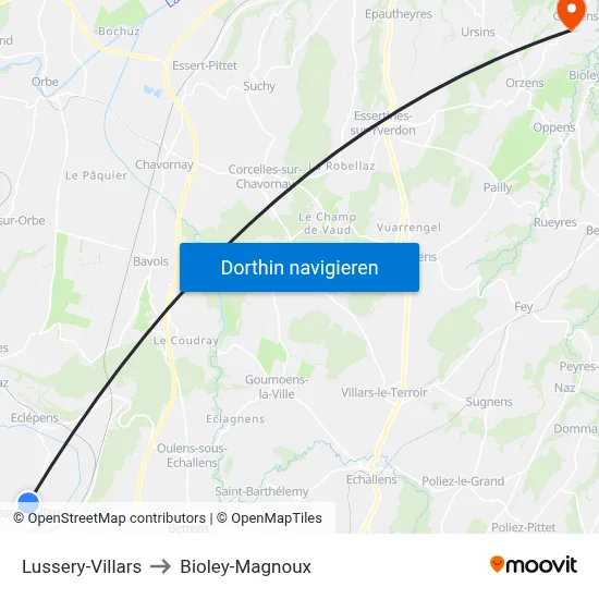 Lussery-Villars to Bioley-Magnoux map