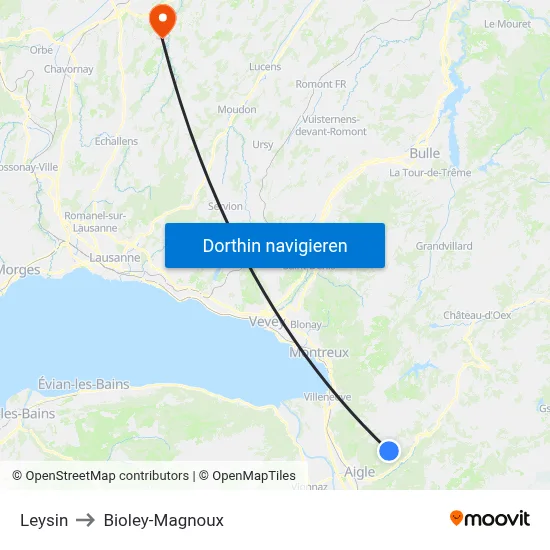 Leysin to Bioley-Magnoux map