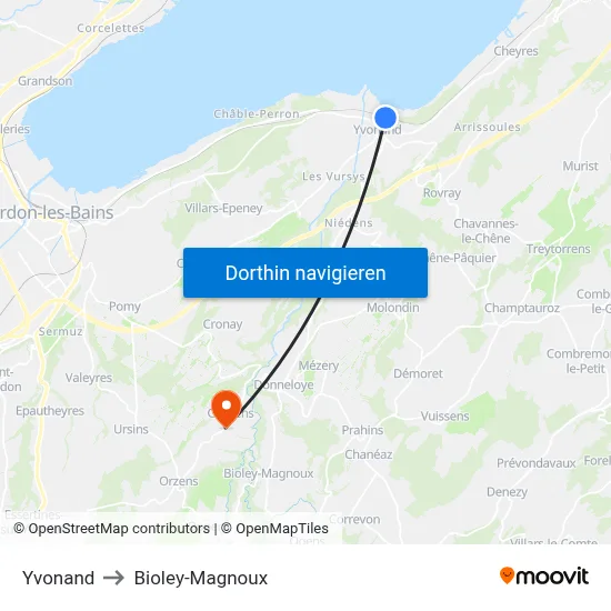 Yvonand to Bioley-Magnoux map