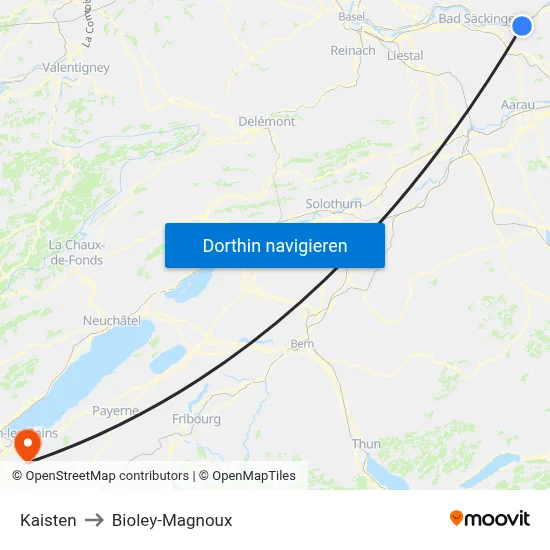 Kaisten to Bioley-Magnoux map