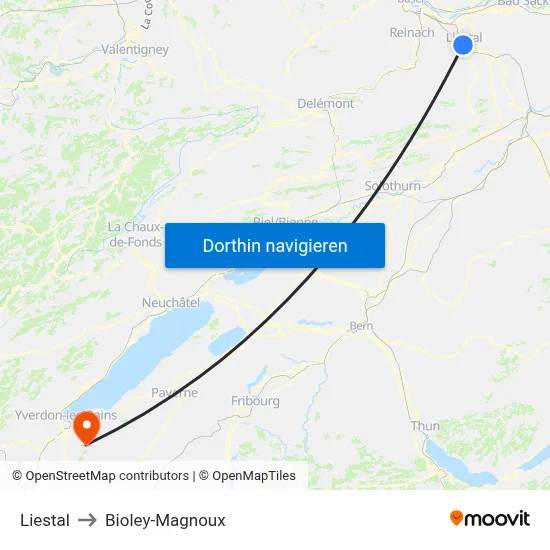 Liestal to Bioley-Magnoux map
