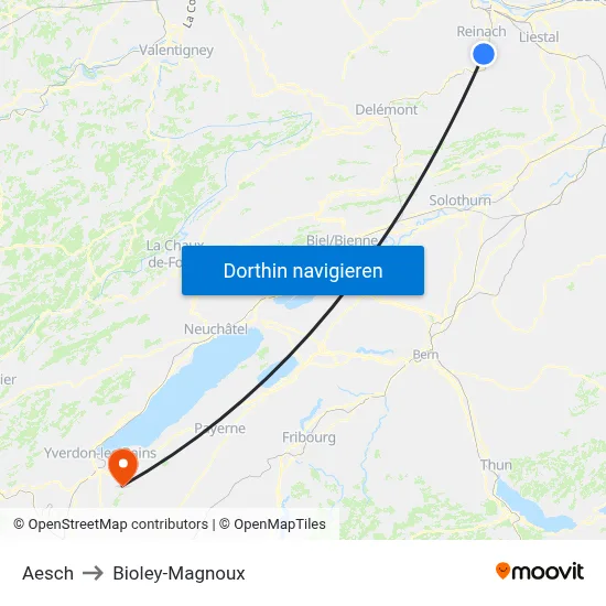 Aesch to Bioley-Magnoux map