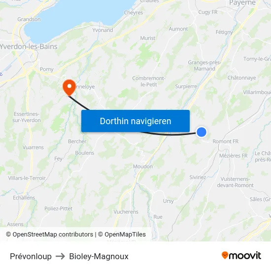 Prévonloup to Bioley-Magnoux map