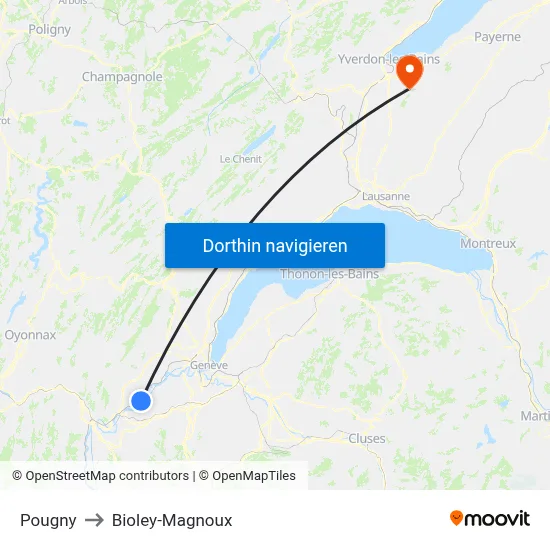 Pougny to Bioley-Magnoux map
