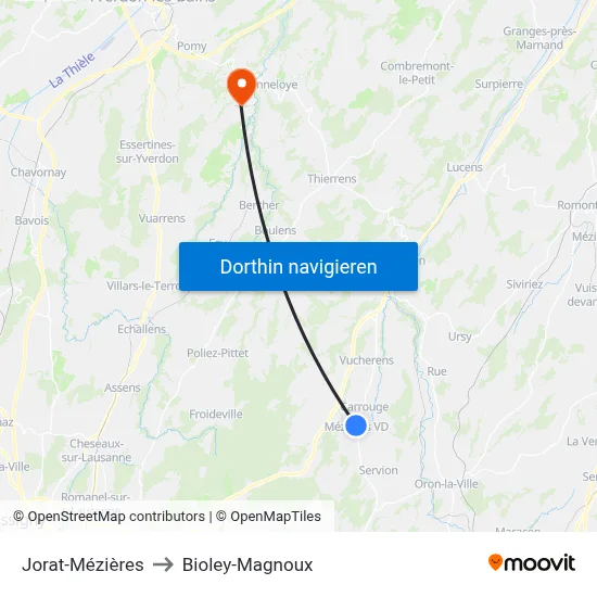 Jorat-Mézières to Bioley-Magnoux map