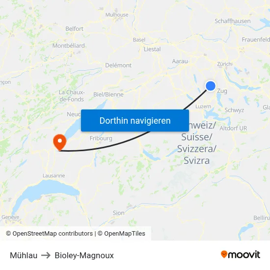 Mühlau to Bioley-Magnoux map