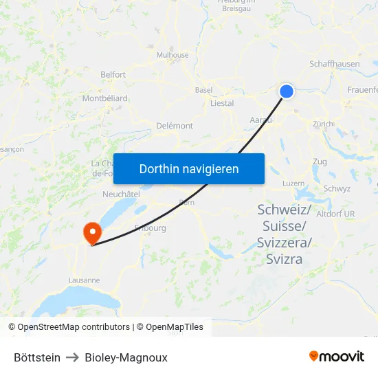 Böttstein to Bioley-Magnoux map