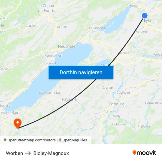 Worben to Bioley-Magnoux map