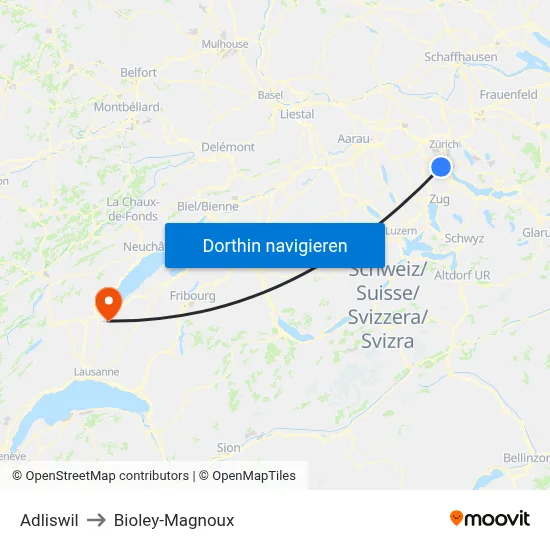 Adliswil to Bioley-Magnoux map
