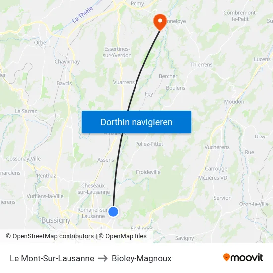 Le Mont-Sur-Lausanne to Bioley-Magnoux map