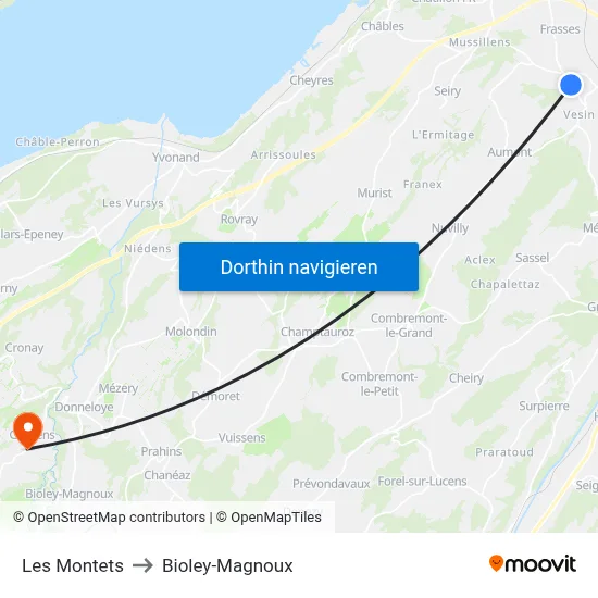 Les Montets to Bioley-Magnoux map