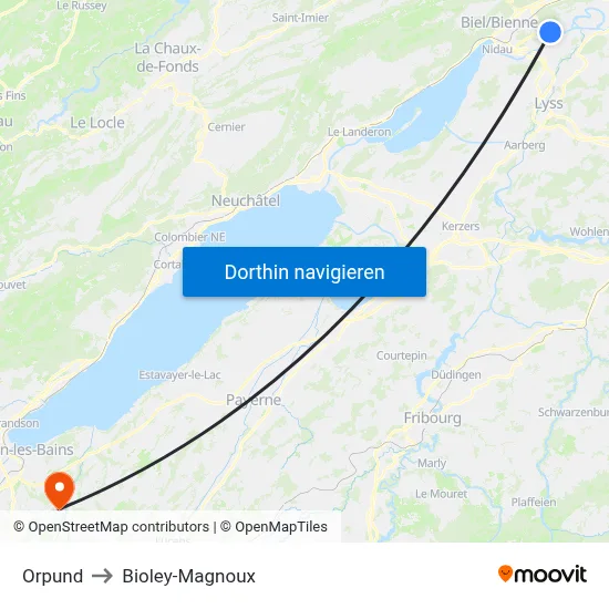 Orpund to Bioley-Magnoux map
