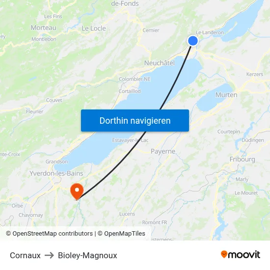 Cornaux to Bioley-Magnoux map