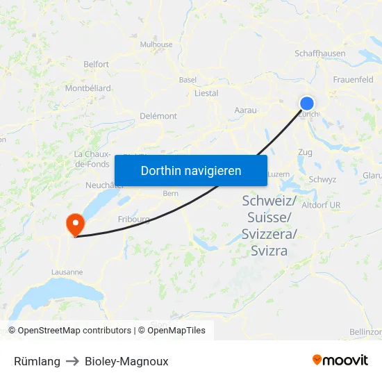Rümlang to Bioley-Magnoux map