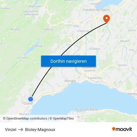 Vinzel to Bioley-Magnoux map