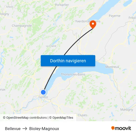 Bellevue to Bioley-Magnoux map