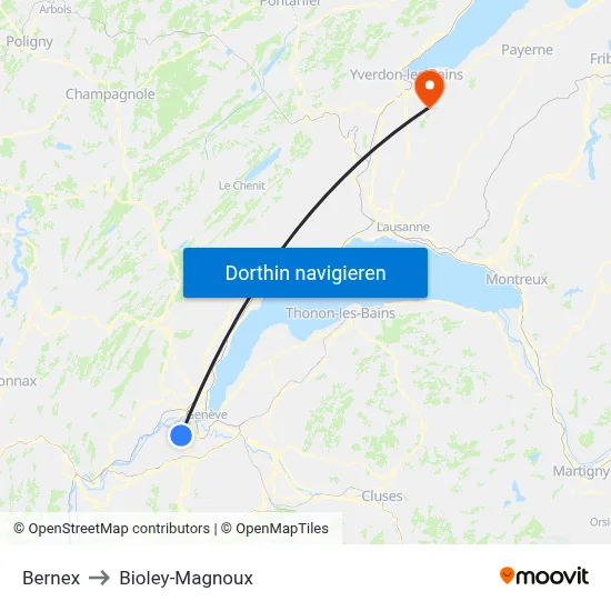Bernex to Bioley-Magnoux map