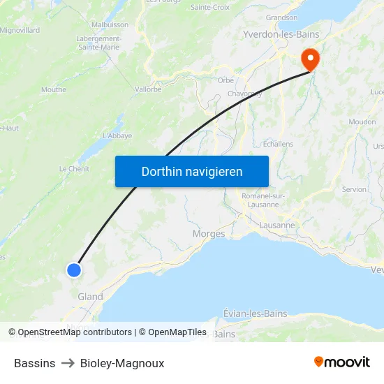 Bassins to Bioley-Magnoux map