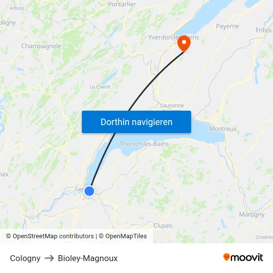 Cologny to Bioley-Magnoux map