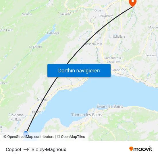 Coppet to Bioley-Magnoux map