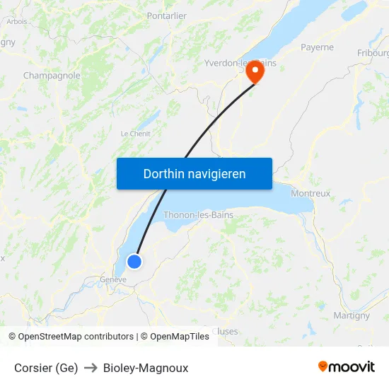 Corsier (Ge) to Bioley-Magnoux map