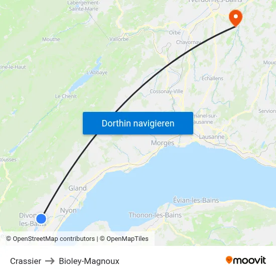 Crassier to Bioley-Magnoux map