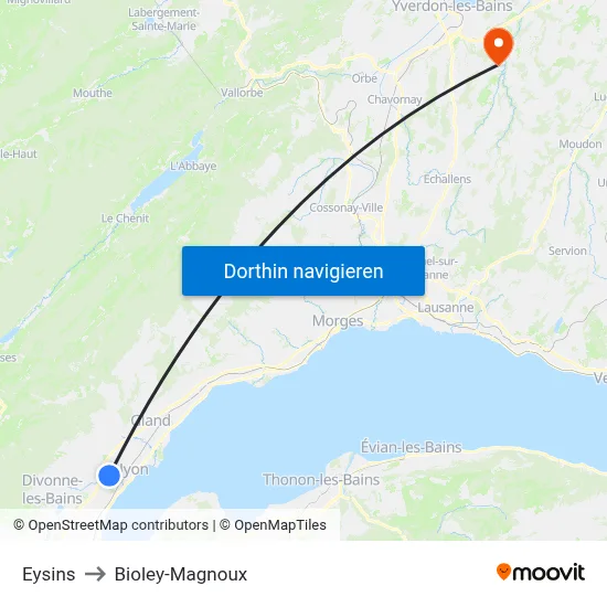 Eysins to Bioley-Magnoux map