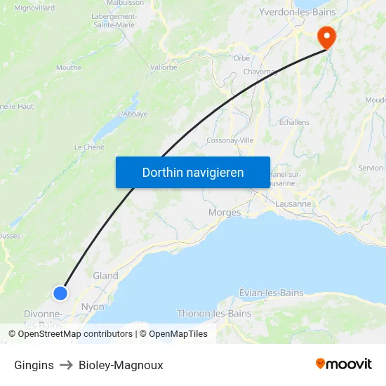 Gingins to Bioley-Magnoux map