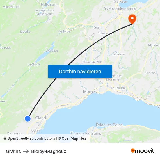 Givrins to Bioley-Magnoux map