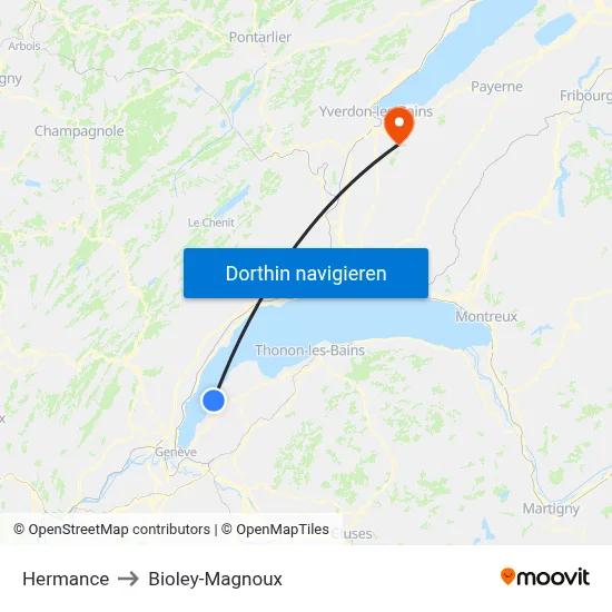 Hermance to Bioley-Magnoux map