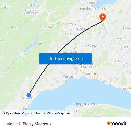 Luins to Bioley-Magnoux map