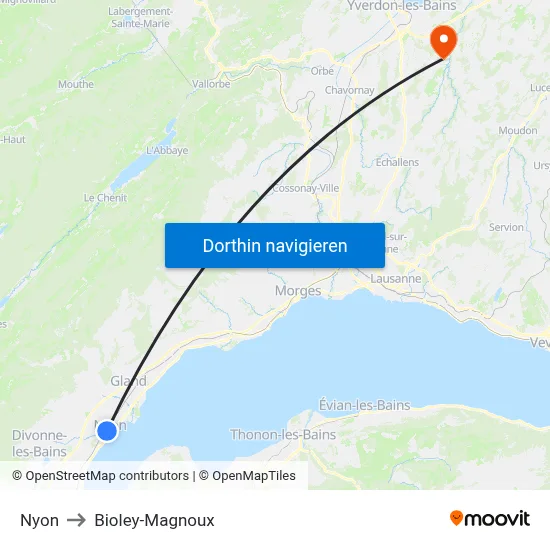 Nyon to Bioley-Magnoux map