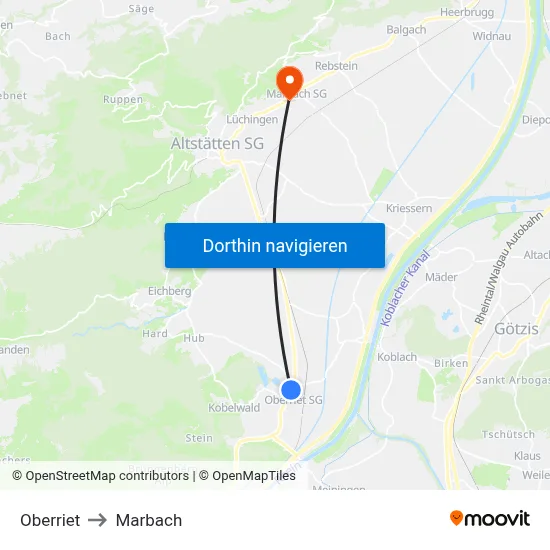 Oberriet to Marbach map