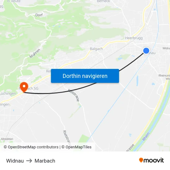 Widnau to Marbach map