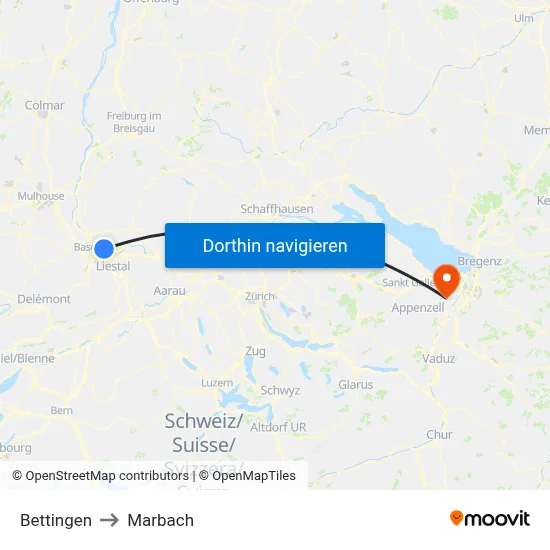 Bettingen to Marbach map