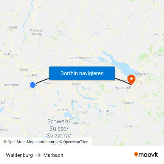Waldenburg to Marbach map