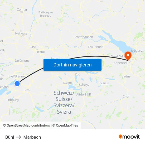 Bühl to Marbach map
