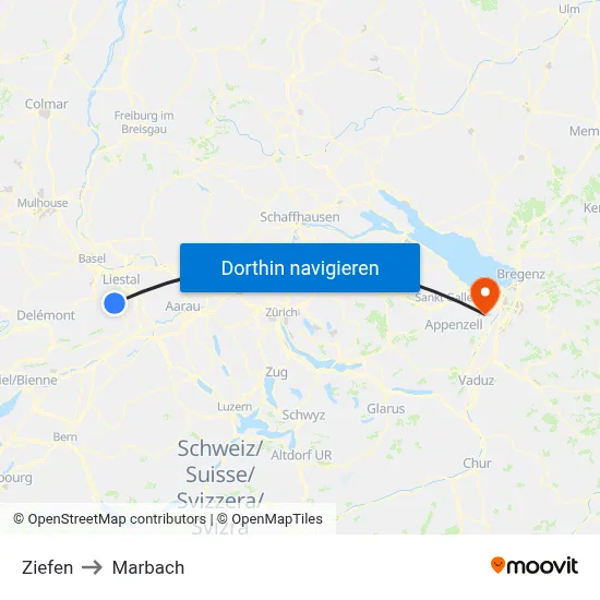 Ziefen to Marbach map