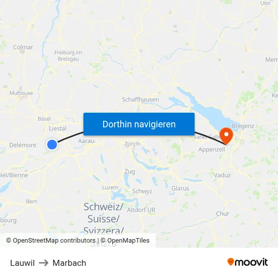 Lauwil to Marbach map