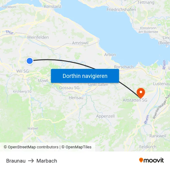 Braunau to Marbach map