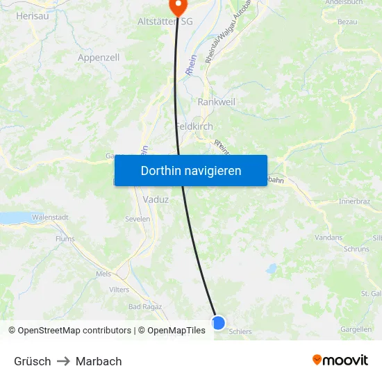 Grüsch to Marbach map