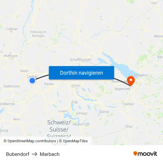 Bubendorf to Marbach map