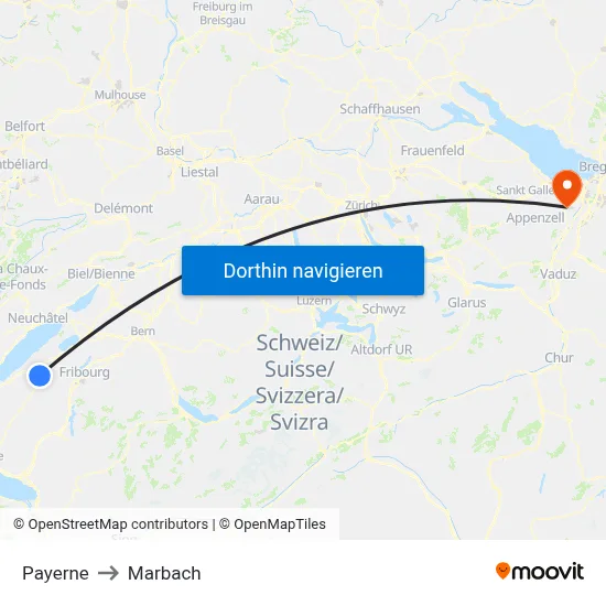 Payerne to Marbach map