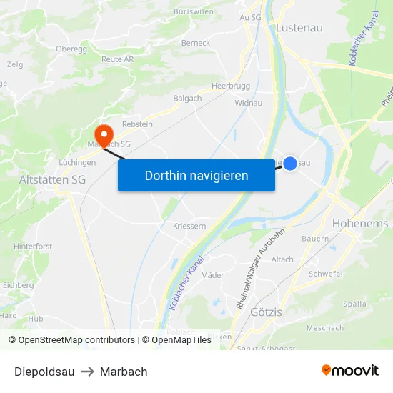Diepoldsau to Marbach map