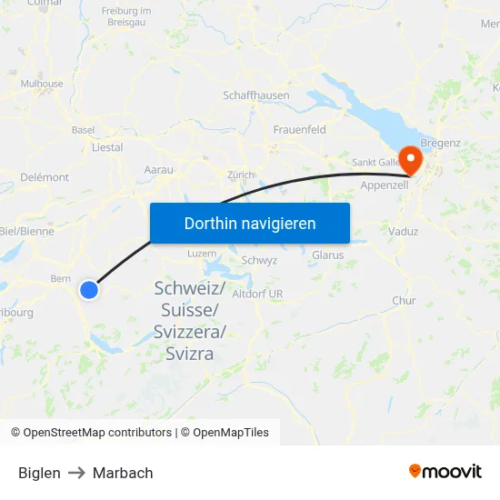 Biglen to Marbach map